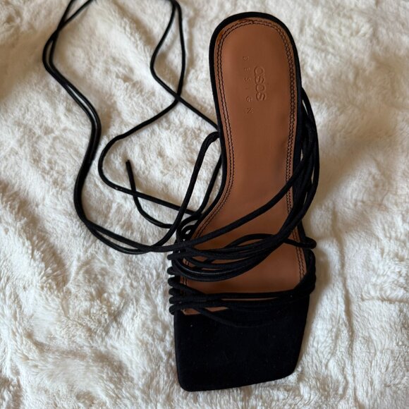 Black Strappy Lace Up Tie Wide Fit Heels - Picture 6 of 9